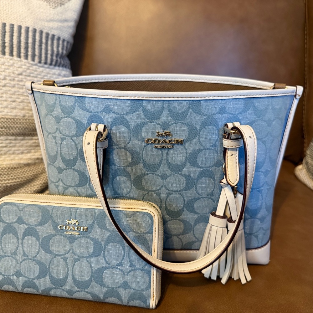 Coach Light Blue Signature Tote and Wallet
